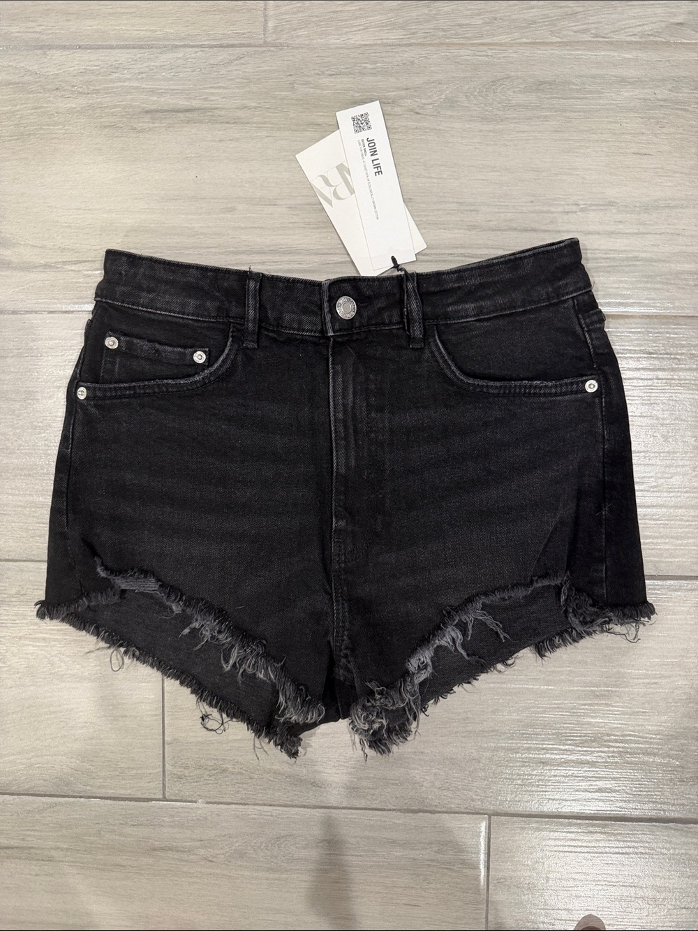 Zara Black Frayed High-Rise Denim Shorts